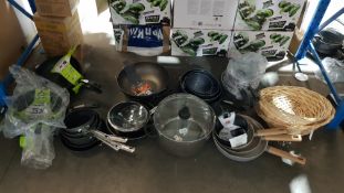 Approx 30 Items. To Include Mixed Pans, Cake Tins & Wicker Baskets