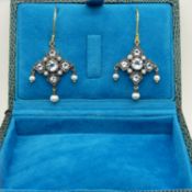Drop earrings set with blue topaz, pearls and seed pearls in an Edwardian style, with stylish box.