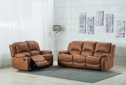 Brand new boxed Texas 3 seater fabric reclining sofa in tan suede