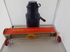 Retro Pyrex Glass Rolling Pin and Emamel Tea Can