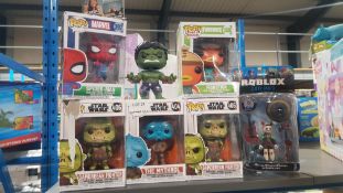 7 Items : 1 X Robolox Lucky Gatito & 6 X Mixed Pop! Dolls To Include Marvel, Star Wars & Fortnite