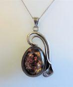 Sterling Silver Art Nouveau Style Baltic Amber Pendant Necklace