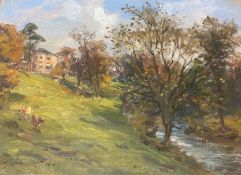 Hector Chalmers original oil painting Scottish View of Cattle on a hillside