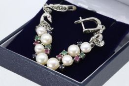 A Pair Of Silver Marcasite, Ruby, Sapphire, Emerald & Pearl Earrings