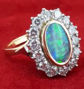 18ct (750) Yellow Gold Black Opal & 1.4ct Diamond Cluster Ring - Hand Made with Insurance Valuation