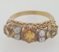 Vintage 9ct (375) Yellow Gold Citrine & Pearl Dress Ring