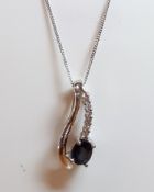 9ct (375) White Gold Sapphire and Diamond Drop Pendant on 18