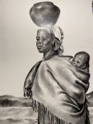 Original painting Sotho Woman And Child by M J Van Der Westhuizen 1991.