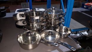 (R2O) 5 Items : 2 X 3 Tier Stainless Steel Steamer & 3 X Mixed Stainless Steel Saucepans