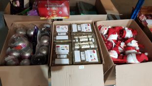 (R11E) Contents Of 3 Boxes. A Quantity Of Christmas Cracker Packs, Jumbo Flocked Baubles & Santa Ch