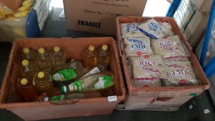 (R9D) Kitchen. Contents Of 2 Containers. A Quantity Of Flora Vegetable Oil, Pride Corn Oil. & Best