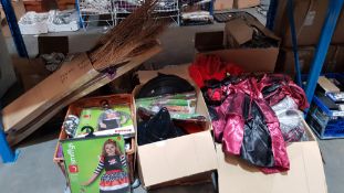 (R9N) Halloween. Contents of Floor. To Include Broomsticks, Witches Hats, Girls Fancy Dress Items.