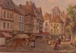 J W Milliken signed watercolour Town market place