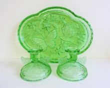 Sowerby Art Deco Green Glass Dressing Table Set