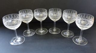 Set 6 Antique Edwardian Etched Wine Glasses