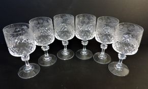 Set of 6 Antique Art Nouveau Cut & Etched Crystal Wine Glasses c.1900-1910