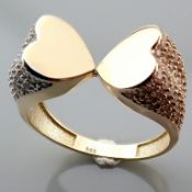 14K Tri Colour White Yellow and Rose gold Ring - Italian Design Swarovski Zirconia. Two Heart.
