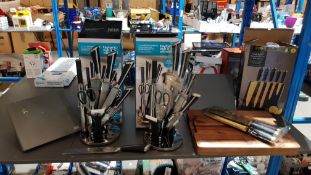 (R20) Kitchen. 4 Items. 2 X Taylor’s Eye Witness 8 Piece Kitchen Knife Set. 1 X Black & Gold 5