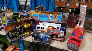 (R3E) Toys. 7 Items. To Include 1 X Hot Wheels Power Shift Raceway, 2X Adventure Force Utility Ve