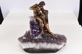 Two Lovers Cast in Solid Bronze on Genuine Amethyst Crystal Base