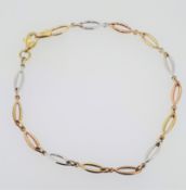 9ct Yellow/White/Rose Gold Link Bracelet - 19cm/7.5