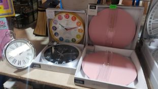 (R6H) Clocks. 5 Items. 2 X Pink Wall Clock, 1 X Metal Clock, 1 X Kids Tell The Time Clock. & 1 X