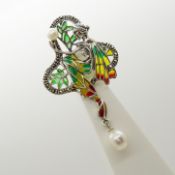 A silver, pearl and marcasite plique-à-jour fairy pendant/brooch