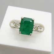 Platinum 1.43 carat emerald and 0.40 carat diamond ring with WGI certificate