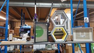 (R1G) Contents to shelf. ‘Home’ Sign Lamp. 2 x Picture Frames. 6 x Octagonal Shelves