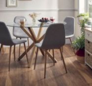 (R10A) 1 X Ludlow Dining Table. Toughened Glass Table With Oak Effect Finish Metal Frame. (H76 x Di