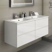 New & Boxed 1200mm Trevia High Gloss White Double Basin Cabinet - Wall Hung. Comes Complete Wi...