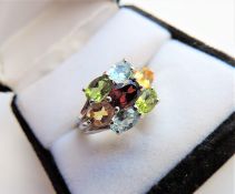 Sterling Silver Topaz, Citrine, Peridot & Garnet Multi Gemstone Ring