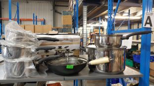 (R3A) Kitchen. 1 X 4 Piece Stainless Steel Pan Set, 1 X Wok & 1 X Large Stock Pot (1 X Handle Damag