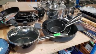 (R3D) Household. Contents Of Shelf. Mixed Lot To Include Frying Pans, Saucepans, 3 Tier Steamers, D