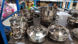 (R2O) Household. 5 Items. 3 X Mixed Size 3 Tier Steamer (2 X Lid Missing) & 2 X Twist Seal Lid Serv