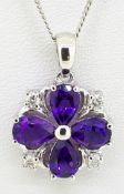 9ct White Gold Pear Shaped Amethyst & Diamond Pendant on Curb Chain - 16