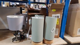 (R9K) Lighting. 8 Items. 2 X Stick Lamp, 5 X Light Wood Cylinder Lamp (3 X Green & 2 X Yellow) & 1
