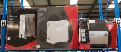 (R2G) 4 Stylec items. 1 X 9 Fin Oil Radiator Heater 2000W, 1 X Oil Free Radiator 2400W, 1 X 5 Fin M