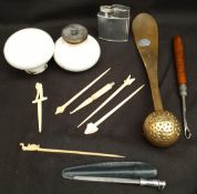 Parcel Vintage Items Bone Carved Cocktail Sticks Ceramic Door Handles Brass Shoe Horn Parcel of