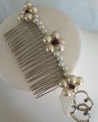 Pretty Hair Comb authentic amethyst with faux pearls cream white wedding special occasion