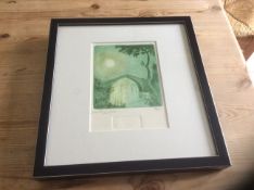 Limited edition etching of a bridge over a river in the moonlight