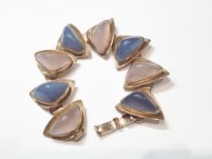 Vintage 9ct (375) Yellow Gold Rose Quartz & Blue Chalcedony Bracelet