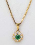 9ct (375) Yellow Gold Emerald and Diamond Flower Cluster Pendant on Venetian Chain - 20
