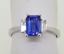 18ct (750) White Gold Emerald Cut Tanzanite and Diamond Ring