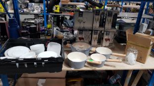 (R5L) Household. Contents Of Shelf To Inc Mixed White Plates, Bowls & Side Plate, 4 Piece Grey Pan