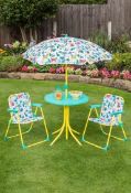 (R8E) Garden. 4 Items. 1x Kids 4 Piece Patio Set, 1x 14kg Leanover Parasol Base & 2x Black Paras