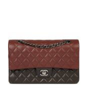 Chanel Burgundy, Black & Khaki Lambskin Medium Classic Double Flap Bag
