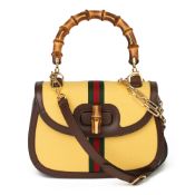 Gucci Yellow Canvas & Brown Pigskin Leather Web Classic Bamboo Top Handle