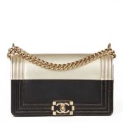 Chanel Black Lambskin & Gold Chevre Goatskin Leather Le Boy