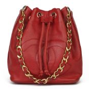 Chanel Red Caviar Leather Vintage Timeless Bucket Bag with Pouch